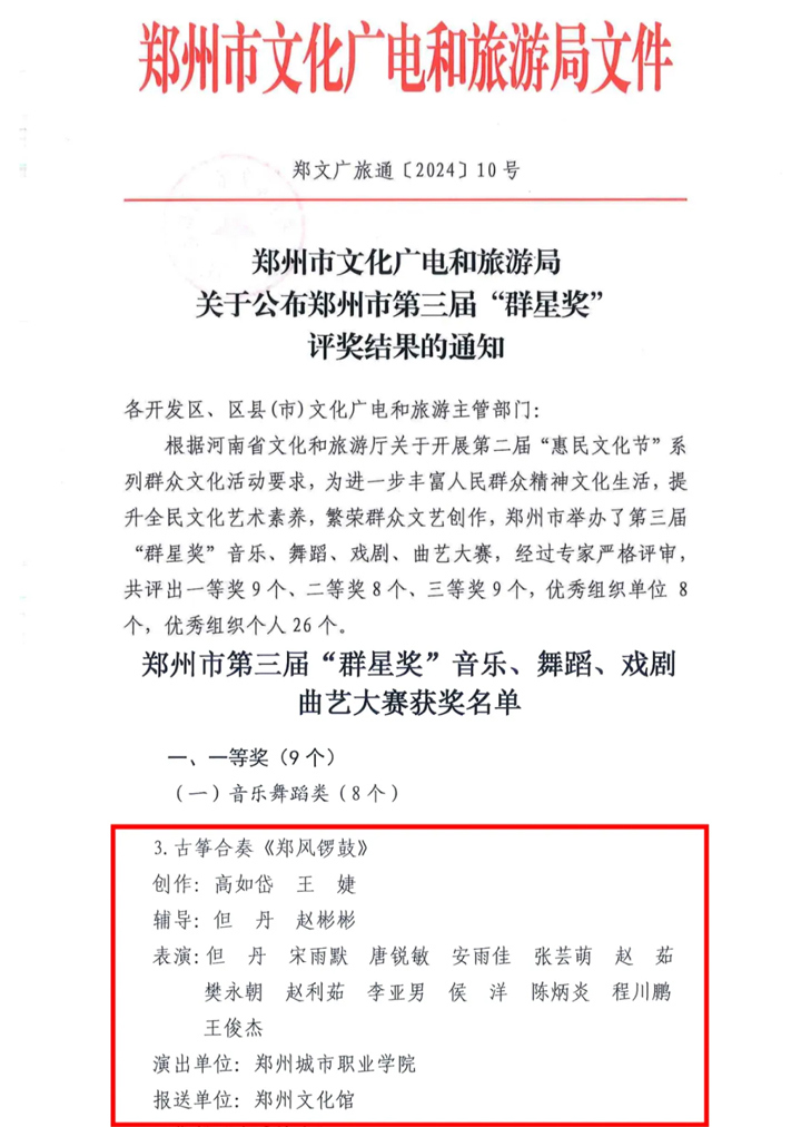304永利集团文化教育学院“蕙溱”古筝乐团代表郑州市文化馆作品《郑风锣鼓》荣获一等奖